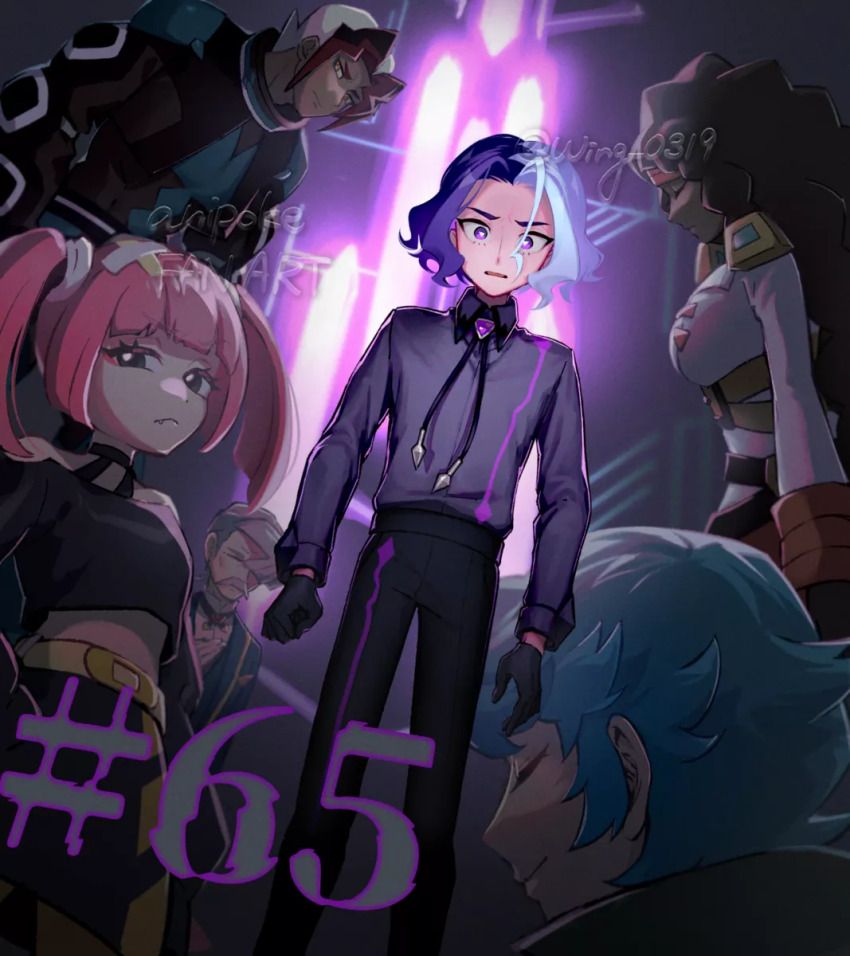 2girls 4boys amethio_(pokemon) aqua_hair belt black_gloves black_pants black_shirt black_skirt chalce_(pokemon) closed_eyes closed_mouth collared_shirt coral_(pokemon) dark-skinned_female dark_skin facial_hair gloves hair_ornament hamber_(pokemon) highres long_hair loose_hair_strand multicolored_hair multiple_boys multiple_girls mustache nintendo off-shoulder_shirt off_shoulder pants pink_hair pokemon pokemon_(anime) pokemon_horizons shirt sidian_(pokemon) skirt spinel_(pokemon) twintails two-tone_hair watermark wing_(wing_0319) yellow_belt