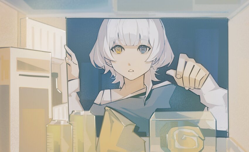 1girl bang_dream! bang_dream!_it&#039;s_mygo!!!!! blue_eyes cake commentary_request food heterochromia highres indoors kaname_raana layered_sleeves long_sleeves looking_at_viewer medium_hair parted_lips refrigerator_interior short_over_long_sleeves short_sleeves solo swiss_roll toumeiii white_hair wolf_cut yellow_eyes