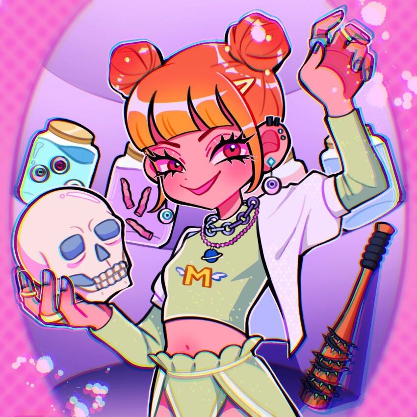 1girl baseball_bat chain chain_necklace chromatic_aberration commentary crop_top double_bun ear_piercing earrings english_commentary eyeball eyeball_earrings green_skirt hair_bun hair_ornament hairclip highres holding holding_skull jacket jar jewelry midriff mimpish multiple_rings nail nail_(hardware) nail_bat navel necklace orange_hair original piercing purple_eyes ring severed_finger short-sleeved_jacket short_sleeves skirt skull smile solo upper_body white_jacket