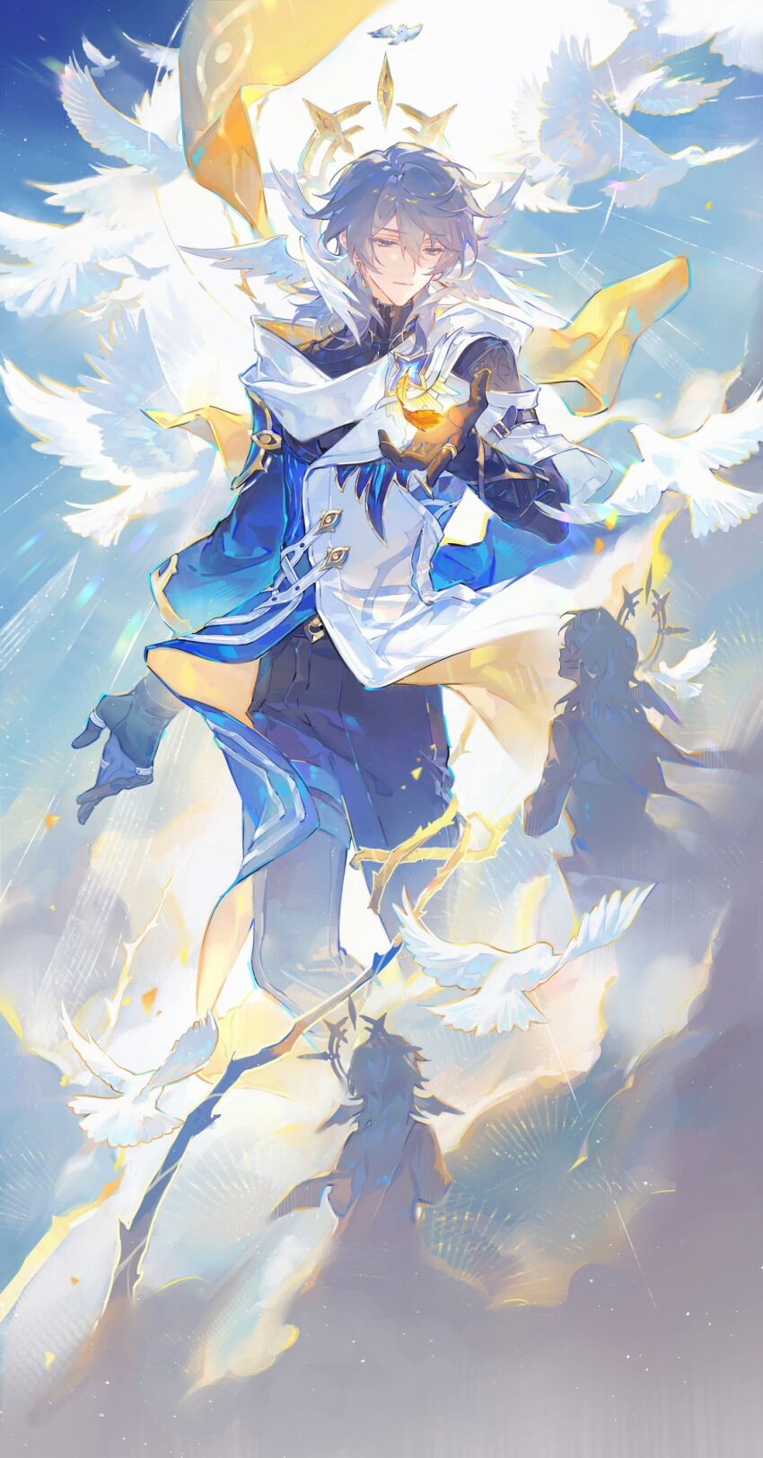 1boy bird black_gloves black_pants closed_mouth cloud coat earrings eye_symbol feathered_wings gloves gold_earrings grey_hair hair_between_eyes halo halo_behind_head hand_up head_wings highres honkai:_star_rail honkai_(series) jacket jewelry long_sleeves looking_down male_focus medium_hair pants renjian_shilian scarf shirt sky smile solo spiked_halo standing sunday_(honkai:_star_rail) thorns white_coat white_scarf white_wings wings yellow_eyes