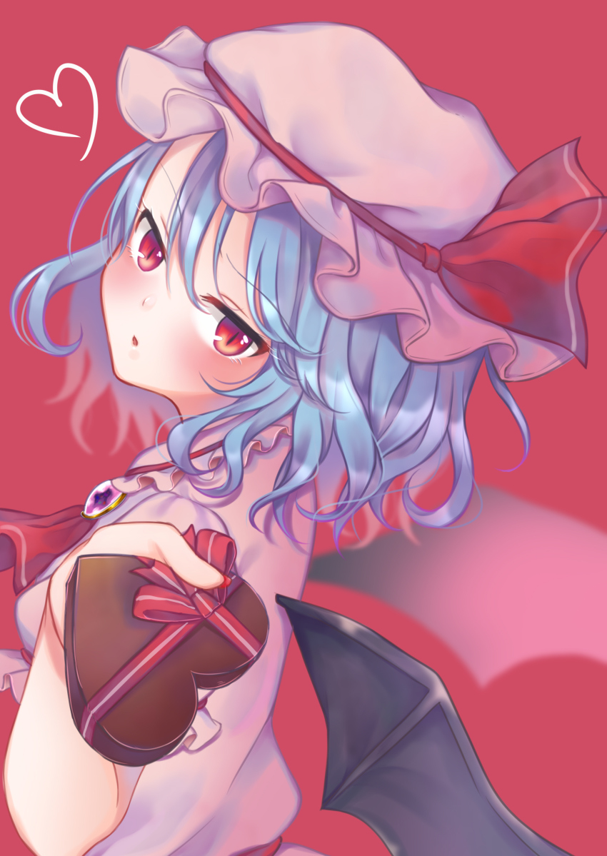 1girl :o absurdres ascot bat_wings black_wings blue_hair blurry blush brooch candy chocolate chocolate_heart depth_of_field dress female_focus fingernails food frilled_shirt_collar frills from_side gem hat hat_ribbon head_tilt heart highres holding holding_food jewelry long_fingernails looking_at_viewer looking_to_the_side mob_cap nail_polish open_mouth pink_dress pink_hat puffy_short_sleeves puffy_sleeves red_ascot red_eyes red_nails red_ribbon remilia_scarlet ribbon rnkgmn short_hair short_sleeves solo touhou upper_body valentine wings