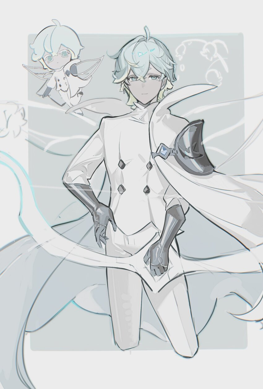 1boy blue_eyes blue_hair border buttons cape chibi coat colored_eyelashes colored_skin cookie_run cookie_run:_kingdom diamond_button grey_background grey_skin highres light_blue_hair looking_at_viewer outside_border pants senlly_2507 short_hair silverbell_cookie simple_background transparent_wings white_border white_cape white_coat white_eyelashes white_pants wings