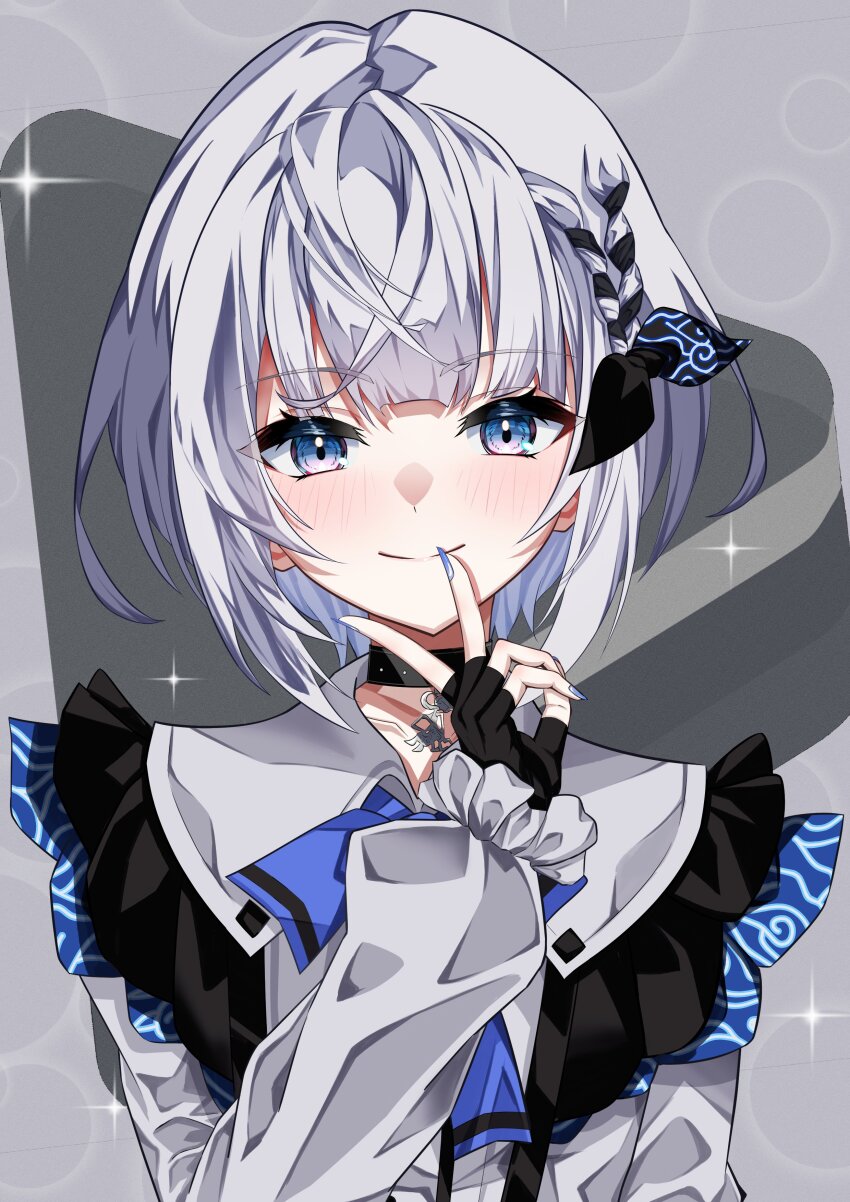 1girl absurdres black_collar blue_nails braid collar fingerless_gloves gloves grey_background grey_hair highres hololive hololive_indonesia purple_eyes sakuta1221pc smile sparkle v v_over_mouth vestia_zeta vestia_zeta_(jirai_kei) virtual_youtuber