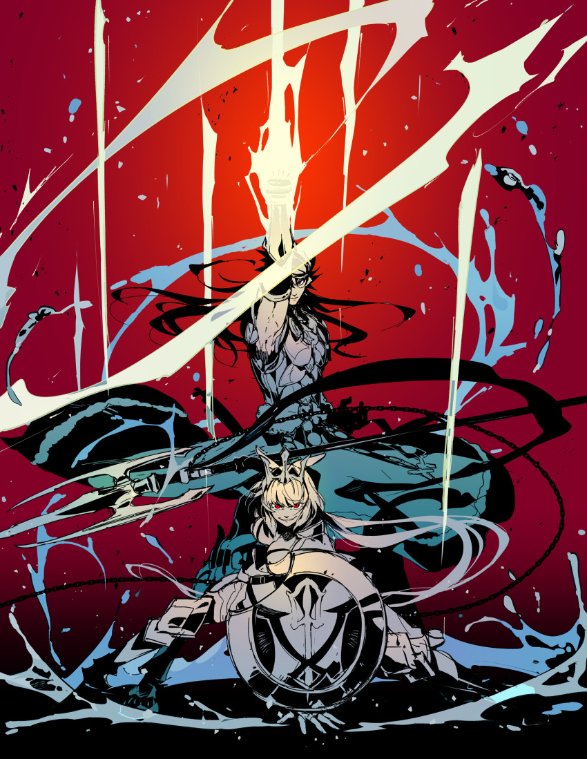 1boy 1girl animal_ears arm_up armor boots breasts caenis_(fate) caenis_(third_ascension)_(fate) chain fate/grand_order fate_(series) glowing glowing_hand grin highres koshiro_itsuki limited_palette long_hair polearm red_background red_eyes revision romulus_quirinus_(fate) shield smile trident weapon