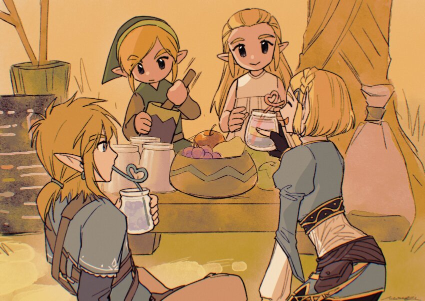 2boys 2girls apple blonde_hair blue_shirt blue_tunic braid closed_eyes crown_braid dress food fruit fruit_bowl grapes green_hat green_tunic hair_ornament hairclip hat highres holding holding_jar jar juliet_sleeves link long_hair long_sleeves low_ponytail mixing mouyi multiple_boys multiple_girls nintendo open_mouth pear poi pointy_hat ponytail princess_zelda puffy_sleeves sack shirt short_hair sidelocks sitting smile the_legend_of_zelda the_legend_of_zelda:_breath_of_the_wild the_legend_of_zelda:_echoes_of_wisdom tunic white_dress
