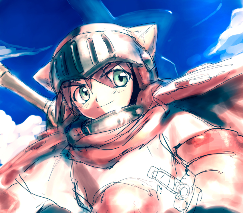 1990s_(style) adeu_warsam armor bad_id bad_pixiv_id brown_hair cape cloud day green_eyes haou_taikei_ryuu_knight helmet retro_artstyle rondo_bell sky solo sword weapon