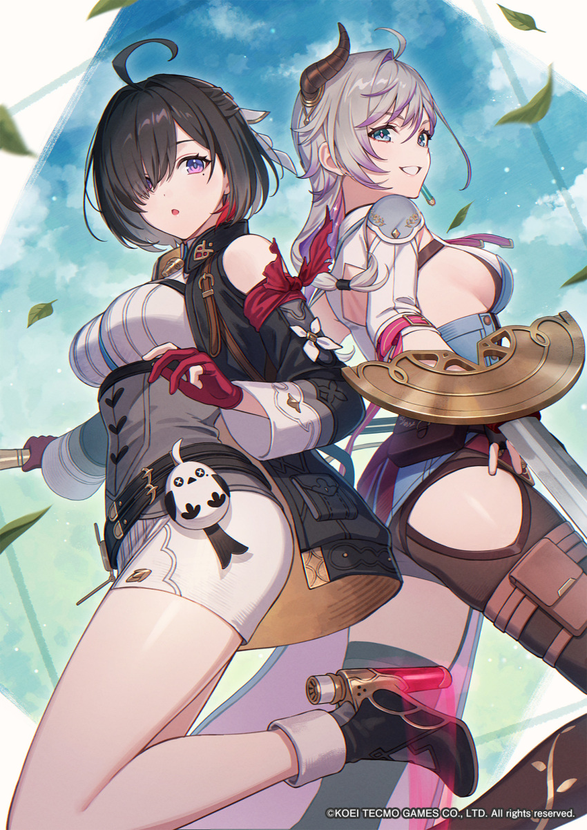 2girls ahoge atelier_(series) atelier_resleriana atelier_yumia back_cutout black_hair blue_eyes breasts broken_horn clothing_cutout demon_horns falling_leaves gloves hair_between_eyes hair_over_one_eye highres horns leaf long_hair long_sleeves medium_breasts mole mole_under_eye multicolored_hair multiple_girls official_art open_mouth partially_fingerless_gloves purple_eyes purple_hair red_gloves red_hair short_hair sideboob sideless_outfit smile tokki valeria_(atelier) yumia_liessfeldt