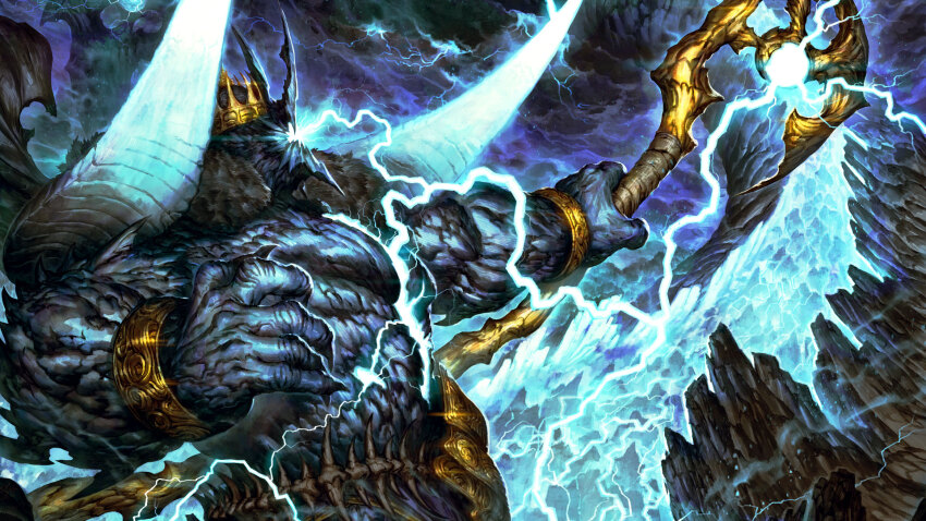 bracelet crown dannoura_yuuki fate/grand_order fate_(series) giant giant_male glowing_cracks gold_bracelet highres holding holding_staff ivan_the_terrible_(fate) lightning mammoth monster official_art spiked_belt staff tusks