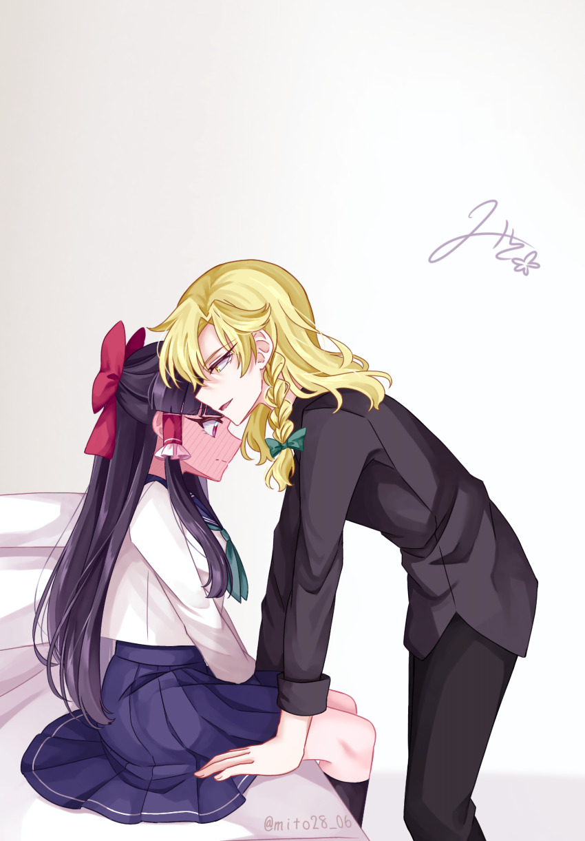 2girls absurdres alternate_costume black_hair black_pants black_shirt black_socks blonde_hair blue_skirt blush bow braid closed_mouth commentary_request frilled_hair_tubes frills full-face_blush green_bow green_neckerchief hair_bow hair_tubes hakurei_reimu highres kirisame_marisa kneehighs long_hair mito_(fate) multiple_girls neckerchief no_headwear on_bed open_mouth pants pleated_skirt red_bow red_eyes school_uniform shirt side_braid signature single_braid sitting skirt smile socks touhou twitter_username very_long_hair white_shirt yellow_eyes yuri