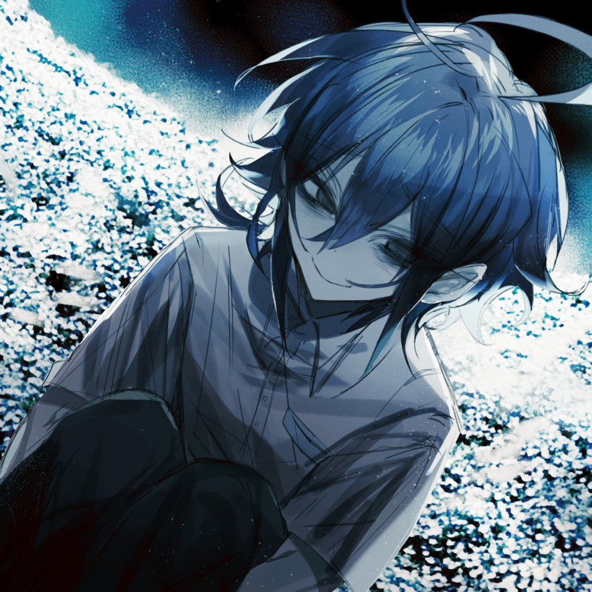1boy ahoge bags_under_eyes black_eyes black_hair black_pants closed_mouth club_suicide collared_shirt commentary_request hair_between_eyes highres light_particles lllzlllz male_focus pants shirt short_hair short_sleeves sitting smile solo white_shirt zaizen_eba