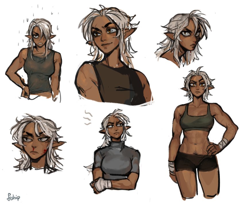 1girl black_shorts closed_mouth dark-skinned_female dark_skin female_pubic_hair grey_shirt hand_on_own_hip highres looking_at_viewer matilda_fiship multiple_views navel_hair olivia_(matilda_fiship) orange_eyes original pointy_ears pubic_hair shirt short_shorts shorts signature simple_background smile sports_bra white_background white_hair