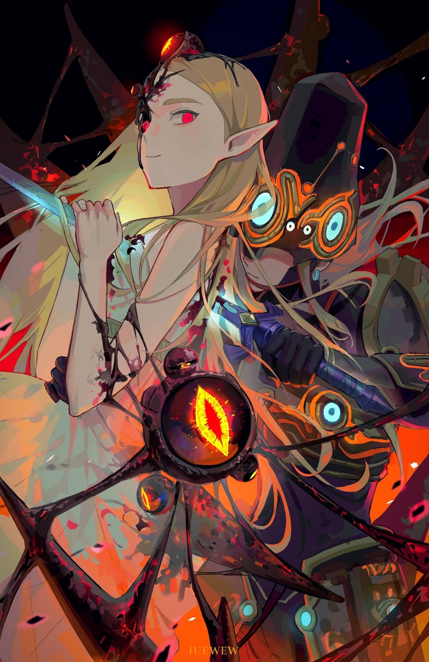 1boy 1girl absurdres armor artist_name backstab bare_shoulders black_background black_gloves black_headwear blonde_hair breasts character_request check_character covered_eyes creature dress earrings entangled facial_mark facing_viewer forehead_mark from_side gloves glowing glowing_eyes hands_up highres holding holding_sword holding_weapon iuew jewelry looking_at_viewer medium_breasts nintendo pauldrons possessed possession princess_zelda red_eyes shoulder_armor sideways_glance smile smirk stab strapless strapless_dress sword the_legend_of_zelda torn_clothes weapon
