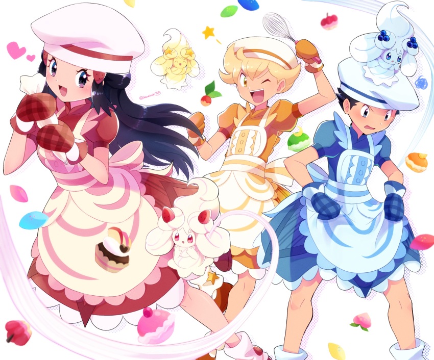 1girl 2boys :d alcremie alcremie_(berry_sweet) alcremie_(lemon_cream) alcremie_(mint_cream) alcremie_(star_sweet) alcremie_(strawberry_sweet) alcremie_(vanilla_cream) alternate_costume apron barry_(pokemon) black_hair blonde_hair blue_apron blue_dress blush commentary_request dawn_(palentine&#039;s_2021)_(pokemon) dawn_(pokemon) dress eyelashes food food-themed_hair_ornament gen_8_pokemon grey_eyes hair_ornament hairclip hat heart highres holding long_hair lucas_(pokemon) mittens multiple_boys nintendo official_alternate_costume on_head open_mouth orange_dress pink_apron pokemon pokemon_(creature) pokemon_dppt pokemon_masters_ex pokemon_on_head puffy_short_sleeves puffy_sleeves red_dress sawarabi_(sawarabi725) short_hair short_sleeves sidelocks smile star_(symbol) strawberry_hair_ornament trap white_hat yellow_apron