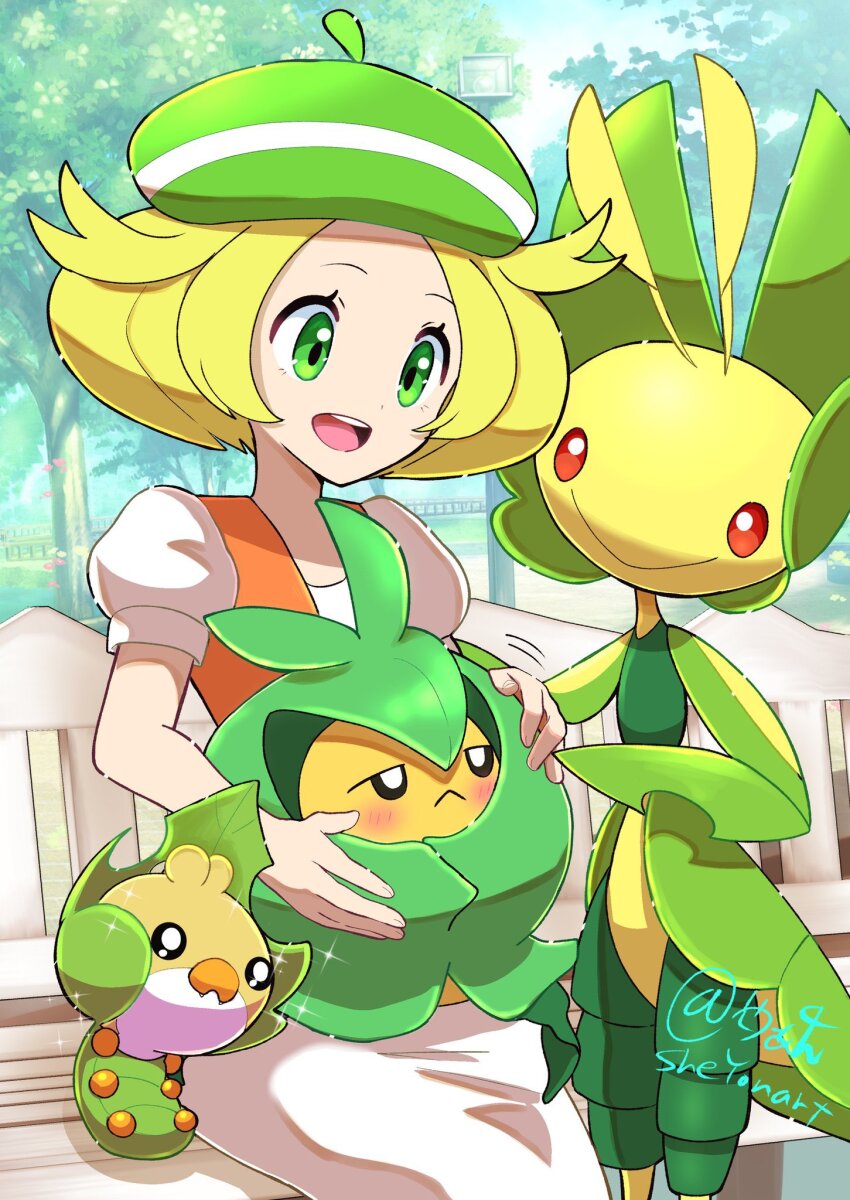 1girl :d artist_name bianca_(pokemon) blonde_hair dress evolutionary_line gen_5_pokemon green_eyes green_hat hat highres leavanny nintendo on_lap open_mouth orange_vest pokemon pokemon_(creature) pokemon_bw pokemon_on_lap puffy_short_sleeves puffy_sleeves sewaddle sheyona short_hair short_sleeves sitting smile swadloon teeth upper_teeth_only vest white_dress