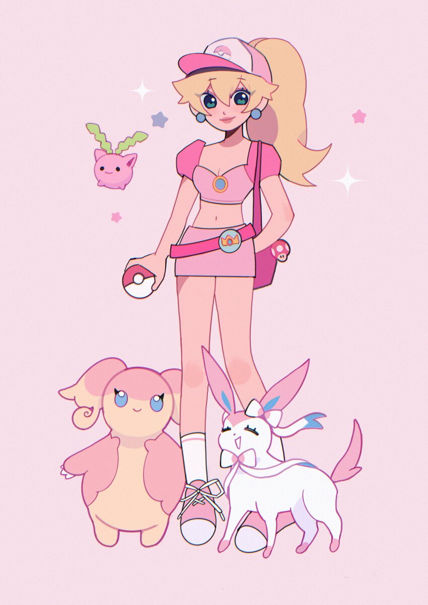 1girl absurdres alternate_costume audino baseball_cap blonde_hair blue_eyes bow breasts brooch cleavage closed_mouth commentary company_name crop_top crossover crown earrings english_commentary gen_2_pokemon gen_5_pokemon gen_6_pokemon hat highres holding holding_poke_ball hoppip jewelry long_hair looking_at_viewer mario_(series) midriff milkoe miniskirt navel nintendo pink_bag pink_shirt pink_shoes pink_skirt poke_ball poke_ball_(basic) pokemon pokemon_(creature) ponytail princess_peach shirt shoes short_sleeves skirt smile socks sparkle sphere_earrings standing star_(symbol) super_mushroom sylveon white_socks