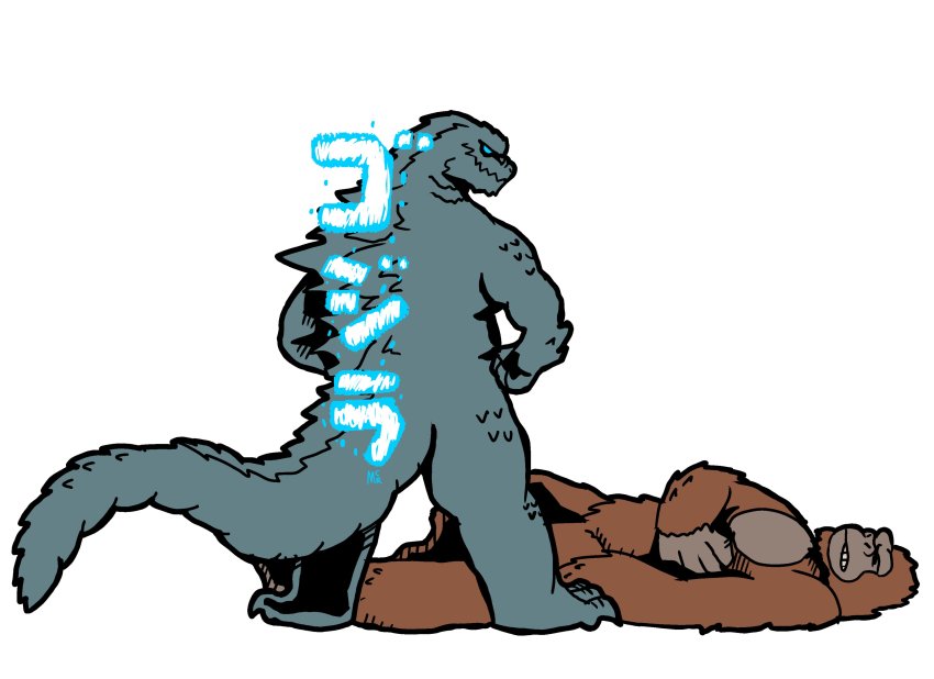 2others absurdres blue_eyes commentary crossover defeat english_commentary full_body glowing glowing_eyes godzilla godzilla_(monsterverse) godzilla_(series) godzilla_vs._kong gorilla highres kaiju king_kong king_kong_(series) kong_(monsterverse) legendary_pictures monsterverse multiple_others parody rochasaurus_rex shun_goku_satsu street_fighter tail toho translation_request white_background