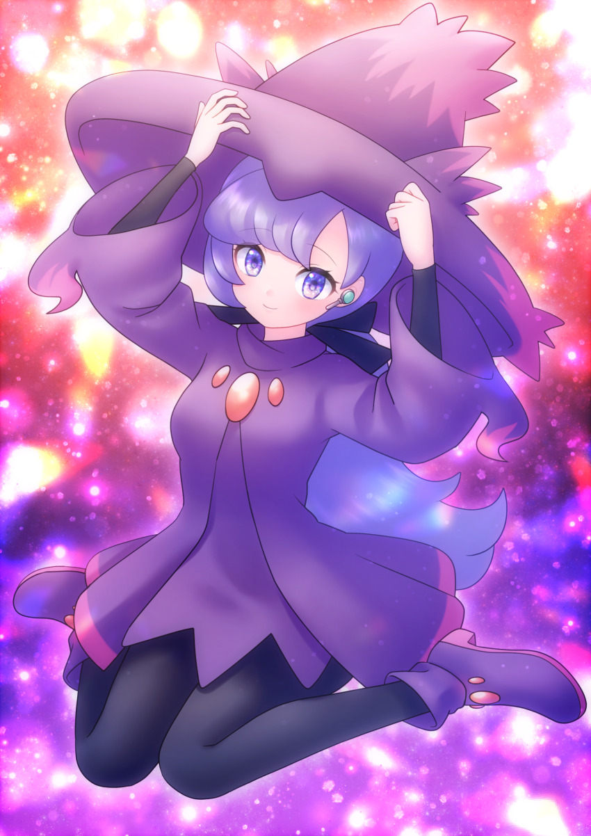 1girl absurdres alternate_costume anabel_(pokemon) arms_up black_pantyhose black_shirt boots closed_mouth commentary_request cosplay dress earpiece full_body gen_4_pokemon hat highres katsuonoeboebo looking_at_viewer mismagius mismagius_(cosplay) nintendo pantyhose pokemon pokemon_sm purple_boots purple_dress purple_eyes purple_hair purple_hat shirt smile solo