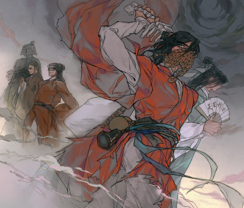 2boys 4others beads bi_xie_jian_(weapon) black_hair bone chinese_clothes cloud coin covered_mouth dao_gui_yi_xian deepsleepless folding_fan gourd green_hanfu green_ribbon hair_bun hair_ribbon hand_fan hand_up hanfu holding holding_bone holding_fan holding_weapon holed_coin jewelry layered_sleeves li_huowang long_hair long_sleeves looking_at_viewer male_focus mask mouth_veil multiple_boys multiple_others pants paper_fan profile red_hanfu red_ribbon ribbon robe sash single_hair_bun sky smoke solo_focus spine standing torn_clothes veil weapon weapon_on_back white_pants wide_sleeves wind wuxia zhuge_yuan