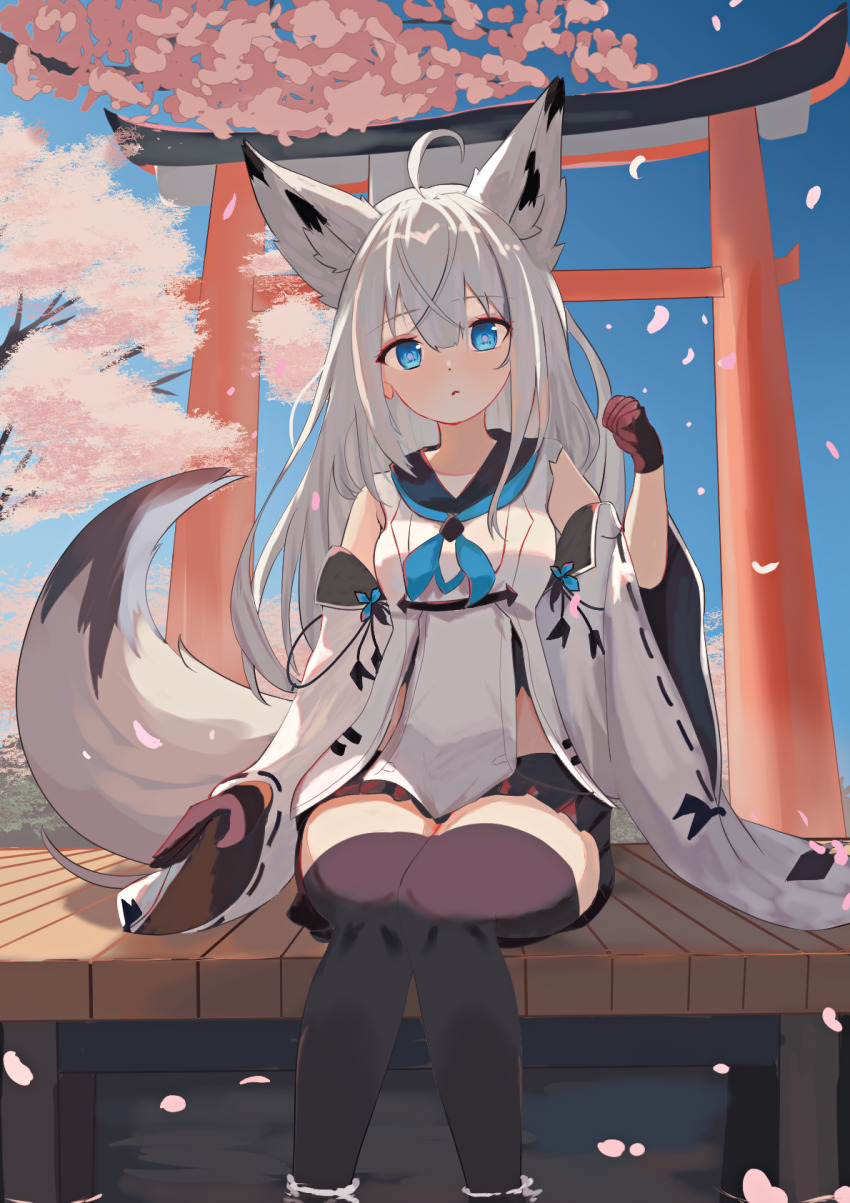 1girl ahoge animal_ear_fluff animal_ears azur_lane black_gloves black_skirt black_thighhighs blue_sky cherry_blossoms detached_sleeves feet_out_of_frame fox_ears fox_girl fox_tail gloves head_tilt highres japanese_clothes kawakaze_(azur_lane) kimono knees_together_feet_apart long_sleeves looking_at_viewer natsuki_(natsu_1936) outdoors pier pleated_skirt sitting skirt sky solo tail thighhighs torii water white_hair white_kimono wide_sleeves