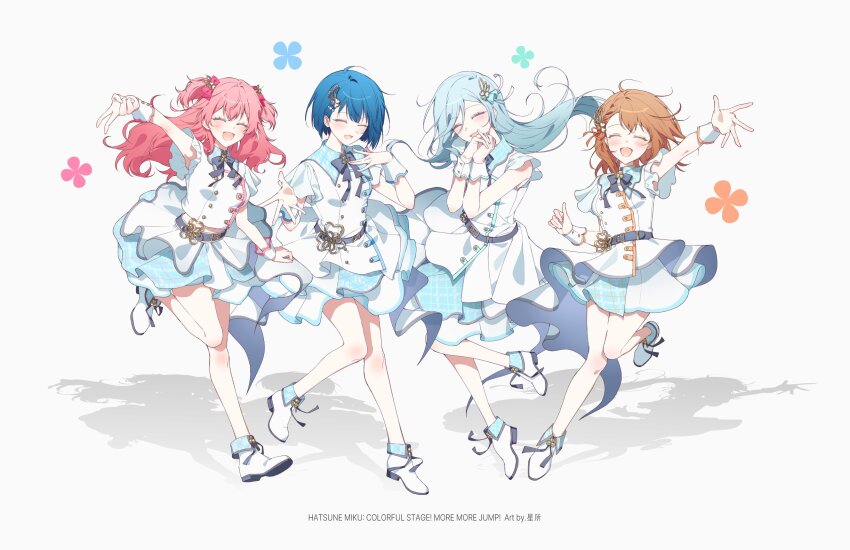 4girls ^_^ ankle_boots bare_legs belt blue_hair boots bow brown_hair closed_eyes dress facing_viewer full_body hair_bow hair_ornament hair_over_one_eye hanasato_minori highres hinomori_shizuku idol idol_clothes kiritani_haruka long_hair mikan_(migwang) momoi_airi multiple_girls open_mouth pink_hair project_sekai shadow short_hair short_sleeves simple_background skirt smile standing two_side_up white_background white_dress wrist_cuffs