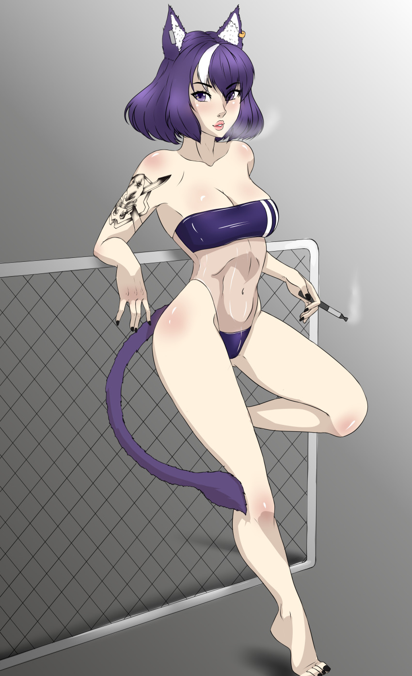 absurdres animal_ear_fluff anime_club_after_dark arm_tattoo cat_girl electronic_cigarette gris_swimsuit highres meme_attire nozaki_fuyuko piercing purple_eyes purple_hair swimsuit tail tattoo vixxx_elur white_hair