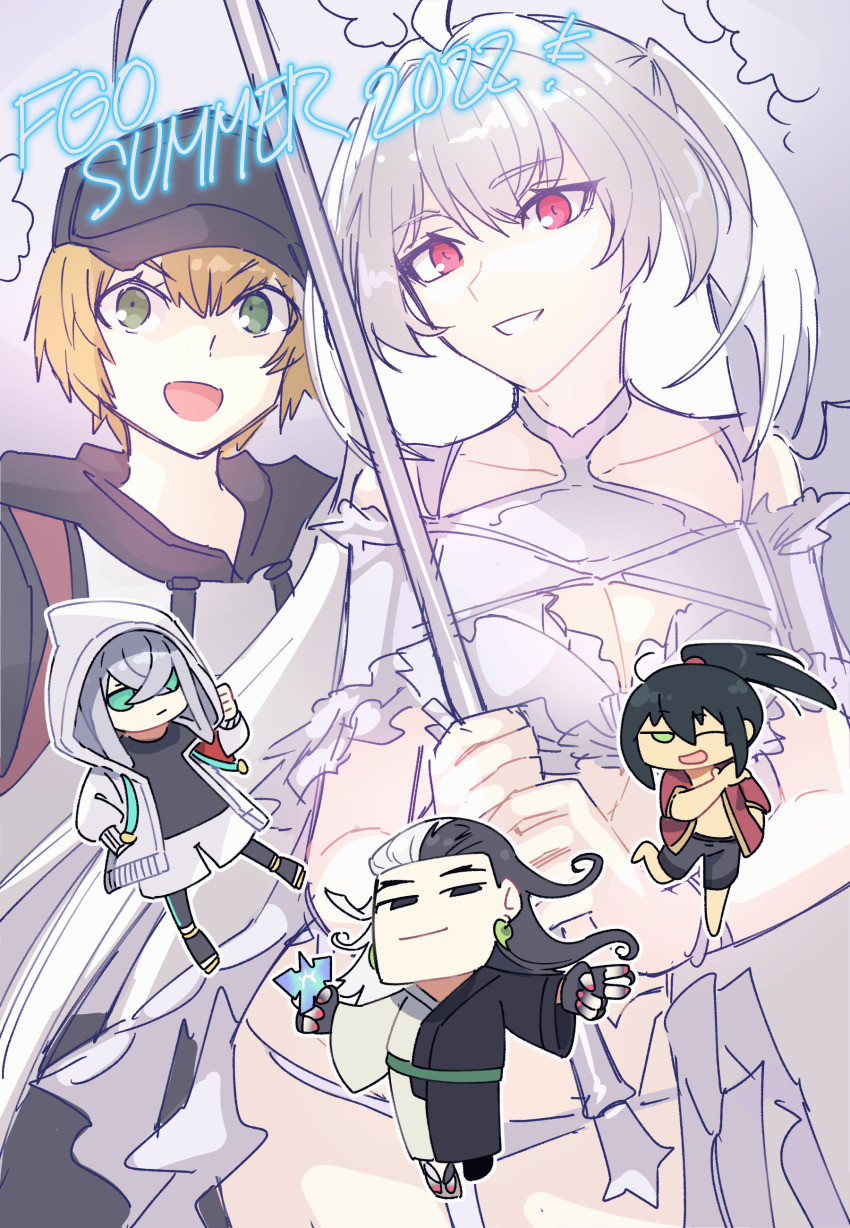 2girls 3boys absurdres ahoge asclepius_(fate) asclepius_(summer_rescue)_(fate) ashiya_douman_(asagao-patterned_yukata)_(fate) ashiya_douman_(fate) bare_shoulders baseball_cap bikini black_eyes black_hair black_headwear black_shirt blonde_hair breasts chibi cleavage fate/grand_order fate_(series) frilled_bikini frills gareth_(fate) gareth_(swimsuit_saber)_(fate) gareth_(swimsuit_saber)_(first_ascension)_(fate) green_eyes grey_hair grin hair_flaps hat highres hood hoodie house_tag_denim lady_avalon_(fate) lady_avalon_(second_ascension)_(fate) long_hair looking_at_viewer medium_breasts merlin_(fate/prototype) merlin_(swimsuit_pretender)_(second_ascension)_(fate/prototype) multicolored_hair multiple_boys multiple_girls open_mouth parasol ponytail red_eyes shirt short_hair short_sleeves smile split-color_hair swimsuit thighs two-tone_shirt umbrella very_long_hair white_bikini white_hair white_shirt yan_qing_(fate) yan_qing_(training_wear)_(fate)