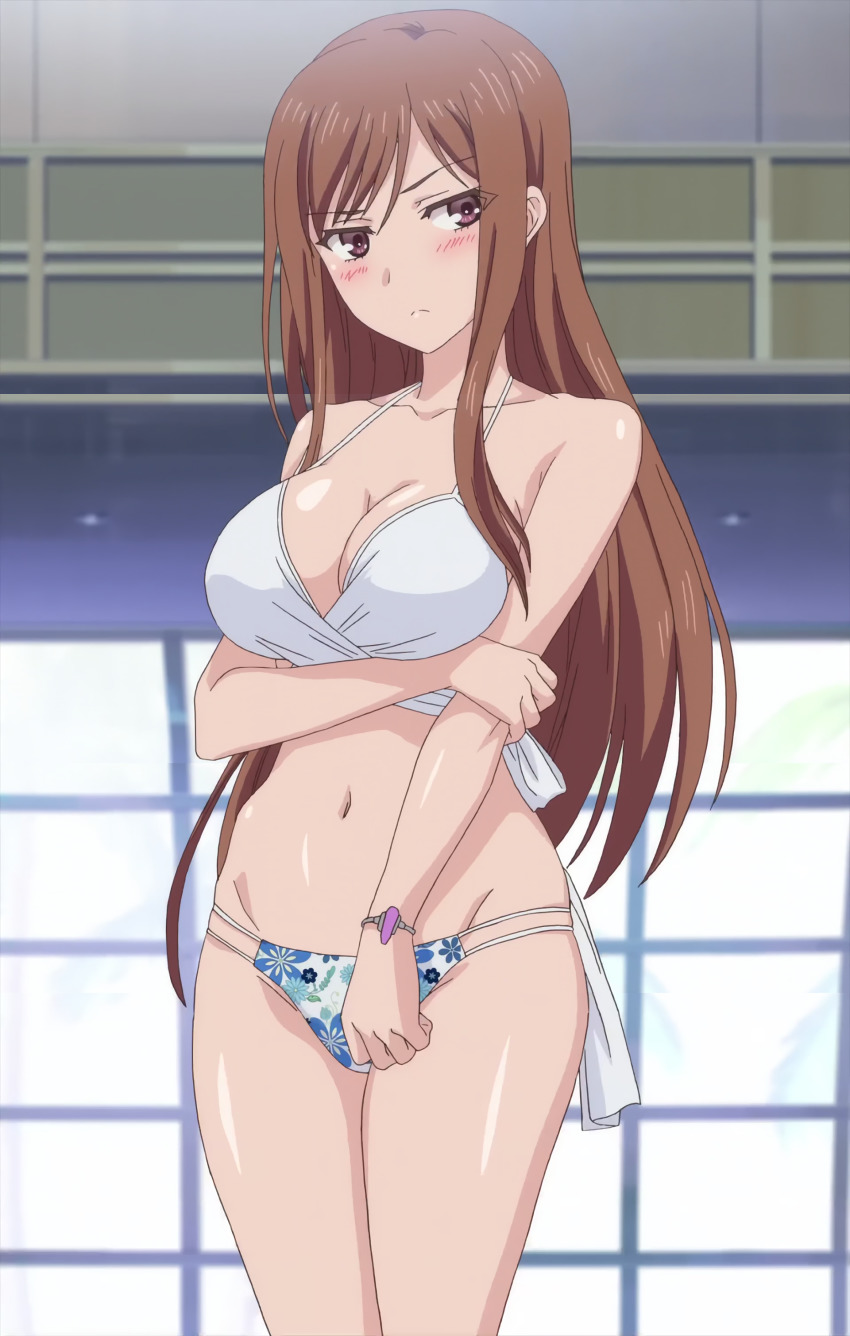 1girl absurdres anime_screenshot arm_under_breasts ayane_shirakawa bikini blush breasts brown_eyes brown_hair cleavage collarbone groin highres large_breasts long_hair looking_to_the_side navel overflow_(anime) sidelocks stitched stomach swimsuit thighs third-party_edit white_bikini