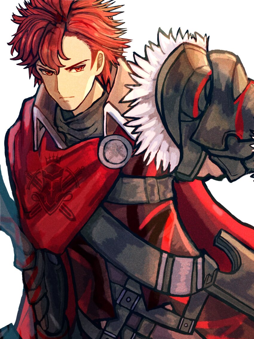 1boy armor cape closed_mouth diamant_(fire_emblem) fire_emblem fire_emblem_engage high_collar highres insignia looking_at_viewer male_focus nintendo red_cape red_eyes red_hair shidanna1227 short_hair shoulder_armor