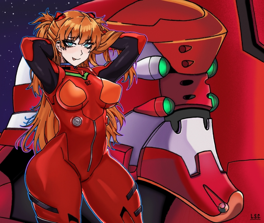 1girl alternate_hairstyle arms_behind_head artist_request blue_eyes bodysuit breasts closed_mouth curvy eva_02 hair_ornament hand_in_own_hair highres interface_headset_(evangelion) large_breasts long_hair looking_at_viewer mecha mecha_pilot_suit naughty_face neon_genesis_evangelion orange_hair plugsuit_(evangelion) red_bodysuit robot seductive_smile shiny_clothes skin_tight smile souryuu_asuka_langley tongue tongue_out two_side_up very_long_hair