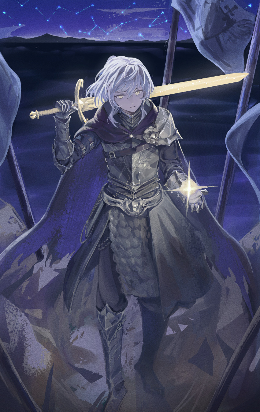 1boy absurdres armor cape closed_mouth gauntlets highres holding holding_sword holding_weapon i_pulled_out_excalibur knight looking_at_viewer male_focus najin night pepperdevil solo standing star_(sky) sword torn_clothes weapon white_hair yellow_eyes