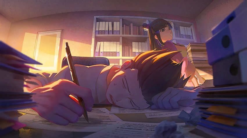 1boy 1girl ace_attorney black_eyes black_hair commentary_request folder half_updo highres holding holding_pen indoors japanese_clothes jewelry long_hair maya_fey meipu_hm necktie open_mouth papers pen phoenix_wright red_necktie shelf shirt sleeping slice_of_life spiked_hair tired white_shirt