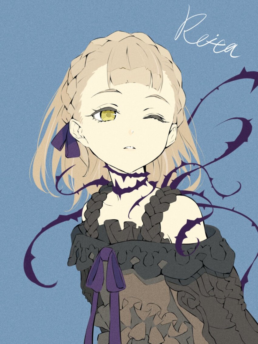 1girl bad_id bad_pixiv_id blonde_hair blue_background braid briar_rose_(sinoalice) flat_color hair_ribbon highres hoshizaki_reita juliet_sleeves long_sleeves looking_at_viewer one_eye_closed plant puffy_sleeves ribbon short_hair simple_background sinoalice solo thorns vines yellow_eyes