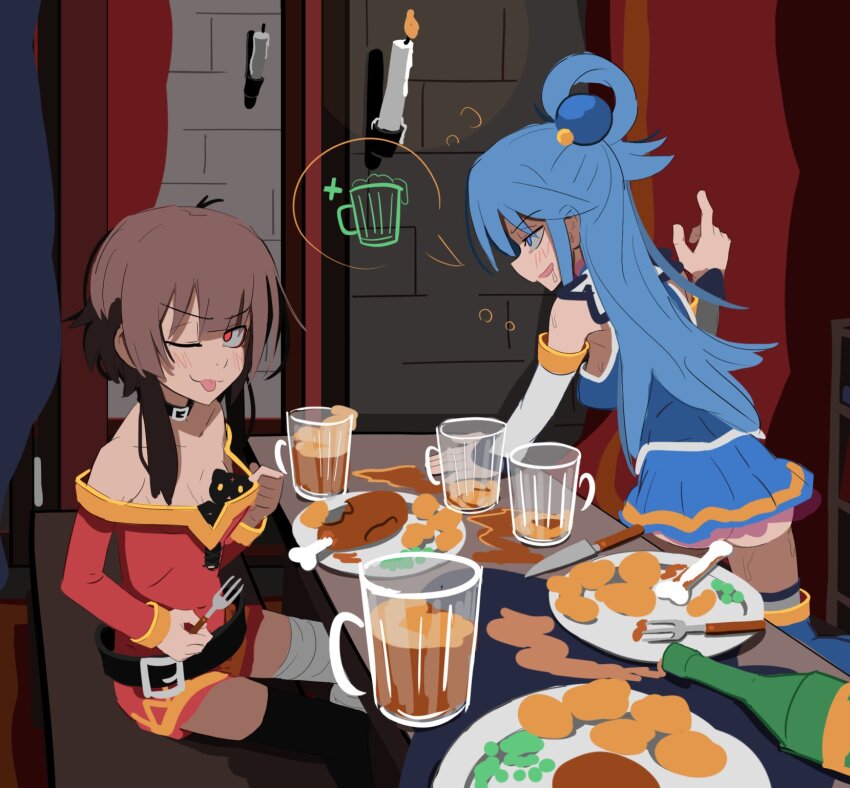 2girls ;p aqua_(konosuba) bare_shoulders bench blue_eyes blue_skirt blush bottle breasts brown_hair candle chicken_(food) detached_sleeves drunk food fork glass highres holding holding_fork indoors kono_subarashii_sekai_ni_shukufuku_wo! kurokimoko medium_breasts megumin miniskirt multiple_girls off_shoulder one_eye_closed potato red_eyes sitting skirt smile speech_bubble sweat tongue tongue_out white_sleeves
