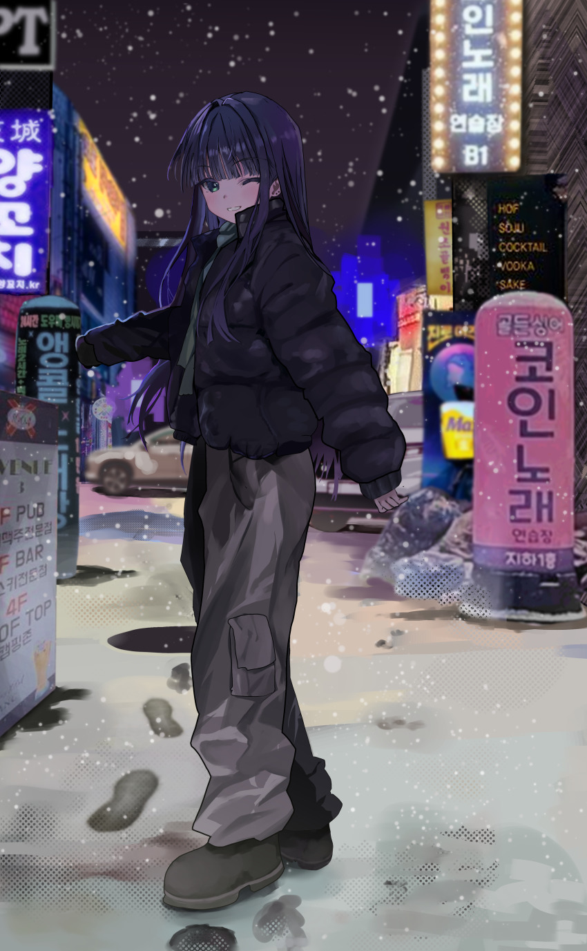 1girl 2024 ;d absurdres black_coat black_footwear black_hair black_pants blunt_bangs blunt_ends blush coat commentary dated_commentary english_commentary eyelashes full_body green_eyes green_scarf grin hair_intakes happy highres hime_cut long_hair looking_at_viewer night one_eye_closed open_clothes open_coat open_mouth outdoors pants photo_background scarf sleeves_past_wrists smile snow snowing solo standing straight_hair touma_kazusa westgon white_album_(series) white_album_2 winter_clothes