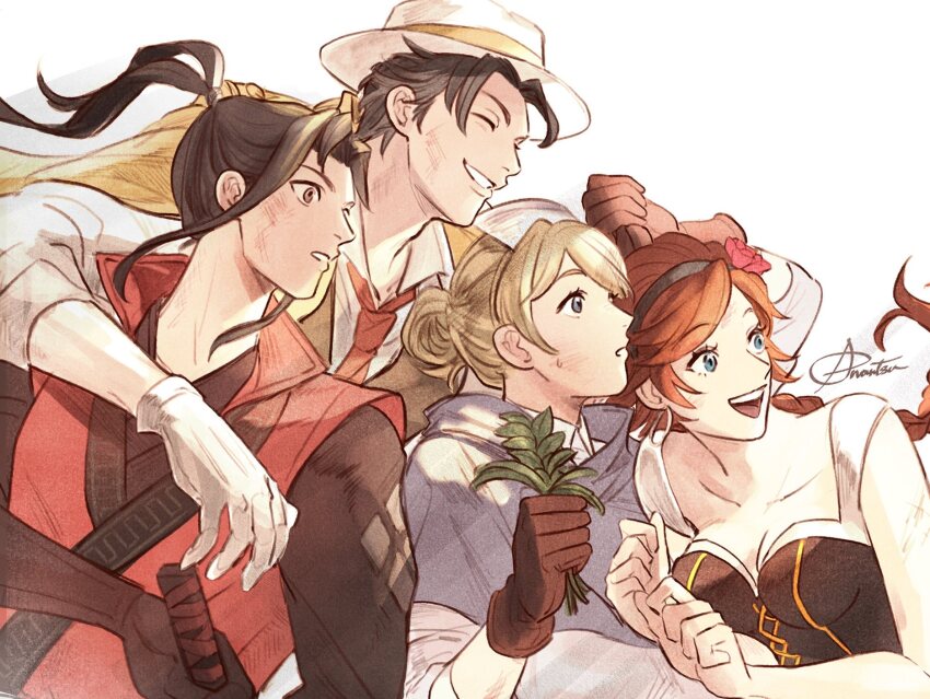 2boys 2girls agnea_bristarni anonatsutods arm_around_shoulder arm_up black_dress black_headband blonde_hair blue_capelet blue_eyes braid breasts brown_gloves brown_hair capelet castti_florenz cleavage closed_eyes collarbone collared_dress collared_shirt curled_fingers dress flower gloves hair_bun hair_flower hair_ornament hair_over_one_eye hands_up hat headband herb_bundle highres hikari_ku holding holding_sword holding_weapon jacket japanese_clothes kimono layered_clothes long_braid long_hair looking_ahead looking_up multicolored_clothes multiple_boys multiple_girls necktie nurse_cap octopath_traveler octopath_traveler_ii one_eye_covered open_collar open_mouth partitio_yellowil patterned_clothing popped_collar profile red_flower red_kimono red_necktie shirt signature simple_background single_braid single_hair_bun sleeveless sleeveless_kimono sweat sweatdrop sword teeth undershirt upper_body upper_teeth_only weapon white_background white_dress white_gloves white_hat white_shirt white_wrist_cuffs wing_collar wrist_cuffs yellow_jacket