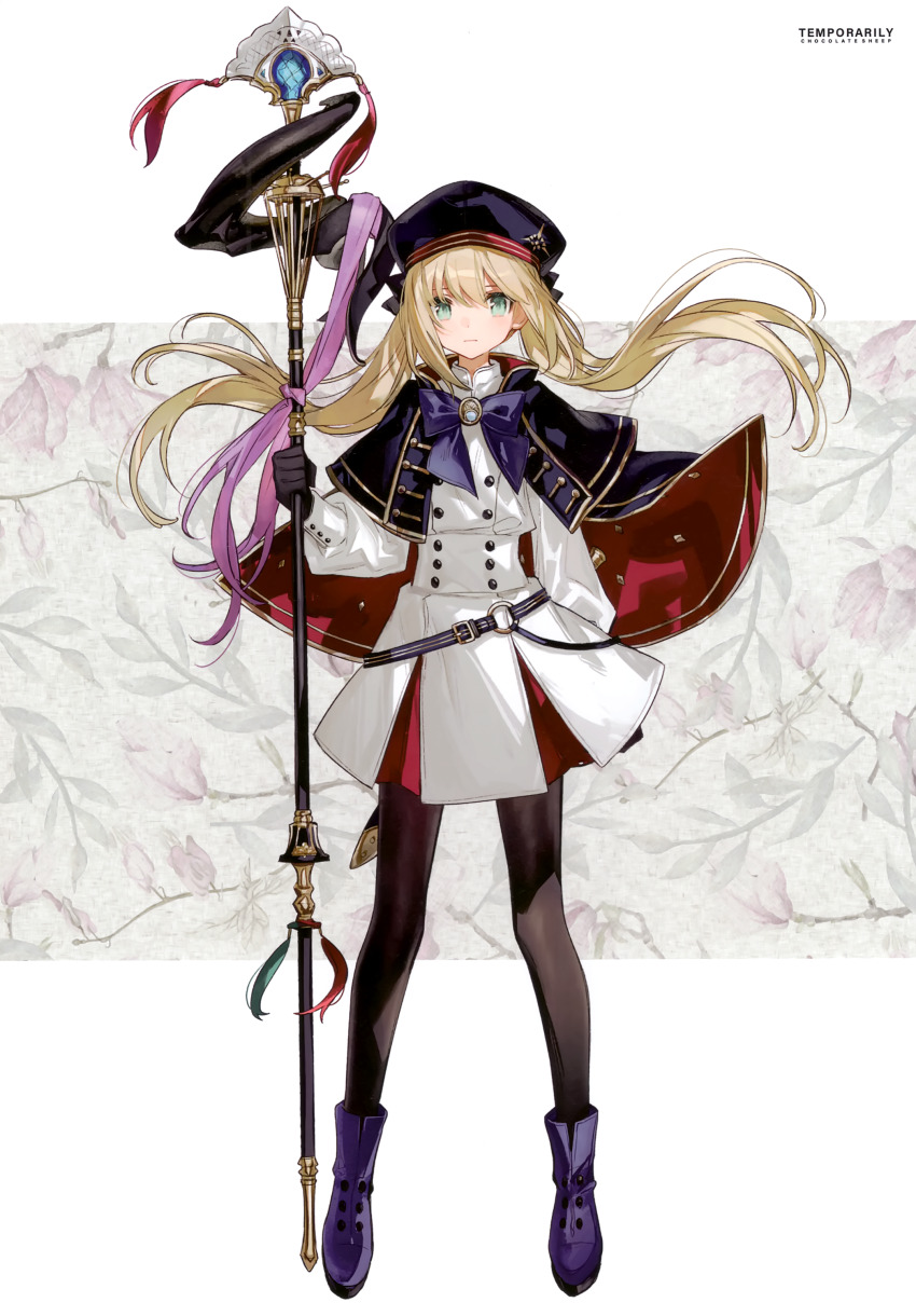 1girl absurdres artoria_caster_(fate) artoria_pendragon_(fate) black_gloves black_pantyhose blonde_hair blue_cape blue_footwear blue_hat blush cape chocoan comiket_99 dress fate/grand_order fate_(series) full_body gloves green_eyes hat highres holding holding_staff long_hair looking_at_viewer pantyhose scan solo staff twintails white_background white_dress