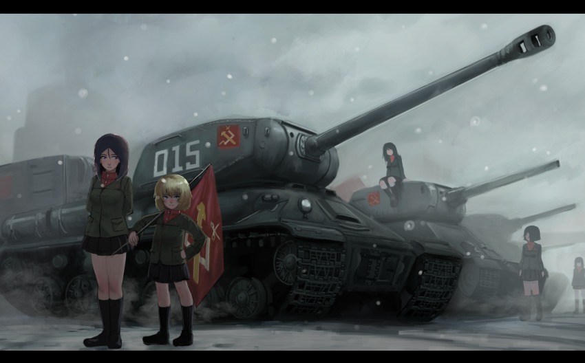 10s 5girls arms_behind_back black_footwear black_hair black_skirt black_socks blonde_hair blue_eyes closed_mouth emblem extra flag girls_und_panzer green_jacket hand_on_own_hip highres holding is-2 jacket katyusha_(girls_und_panzer) kv-2 loafers long_hair long_sleeves looking_at_another looking_at_viewer military military_vehicle miniskirt motor_vehicle multiple_girls nonna_(girls_und_panzer) pleated_skirt pravda_(emblem) pravda_school_uniform red_shirt school_uniform shirt shoes short_hair skirt snow socks standing swept_bangs t-34 t-34-85 tank turtleneck usukuti winter