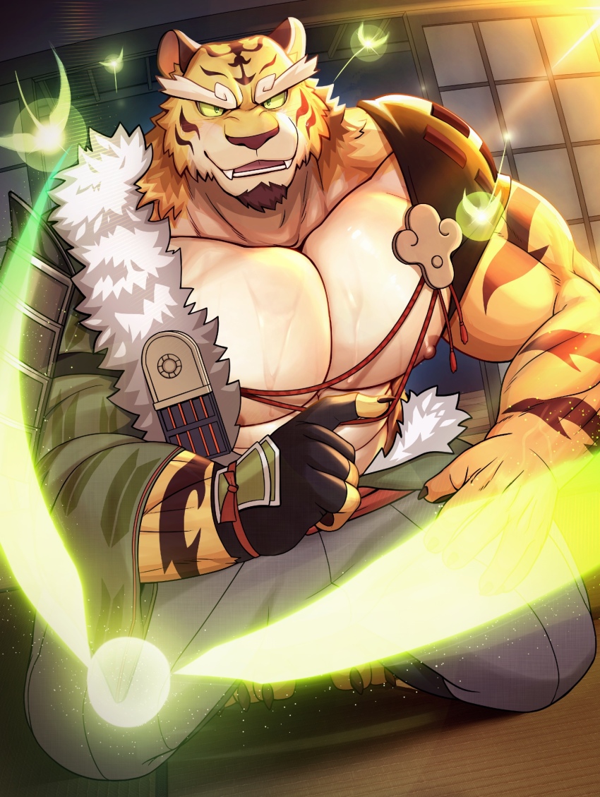 1boy animal_ears bara biceps claws collarbone commentary english_commentary fangs fingerless_gloves furry furry_male gloves highres kneeling looking_at_viewer male_focus monogg muscular muscular_male nipples open_mouth paid_reward_available pectoral_cleavage pectorals smile taketora_(yasha) thick_eyebrows tiger_boy tiger_ears tiger_stripes yasha_legends_of_the_demon_blade yellow_fur
