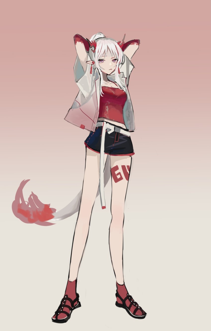 1girl absurdres arknights arms_behind_head belt black_shorts camisole collared_shirt colored_skin dragon_girl dragon_horns dragon_tail earrings fire flame-tipped_tail gradient_background gradient_skin highres horns jewelry leg_tattoo looking_at_viewer midriff multicolored_hair natsuba002 nian_(arknights) open_clothes open_shirt parted_bangs pointy_ears ponytail purple_eyes red_background red_camisole red_hair red_skin red_socks sandals see-through_clothes shirt short_shorts shorts sidelocks socks solo streaked_hair tail tattoo tongue tongue_out white_background white_belt white_hair white_shirt
