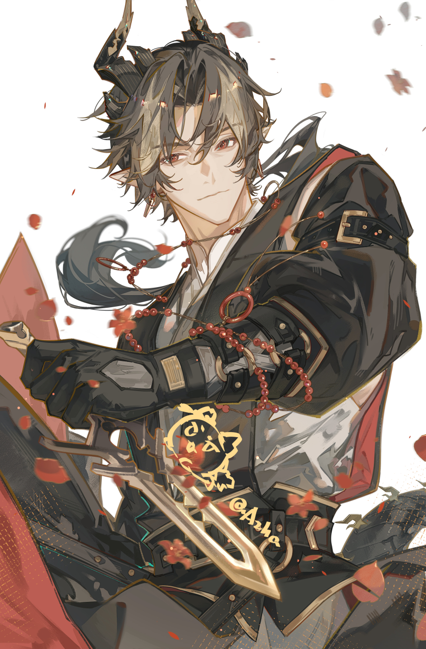 1boy absurdres arknights azha8 belt belt_buckle black_belt black_hair blonde_hair brown_eyes buckle chinese_commentary chongyue_(arknights) closed_mouth commentary_request dagger earrings hair_between_eyes hair_intakes highres holding holding_dagger holding_knife holding_weapon horns jewelry knife light_smile long_hair looking_at_viewer male_focus pointy_ears simple_background solo watermark weapon white_background