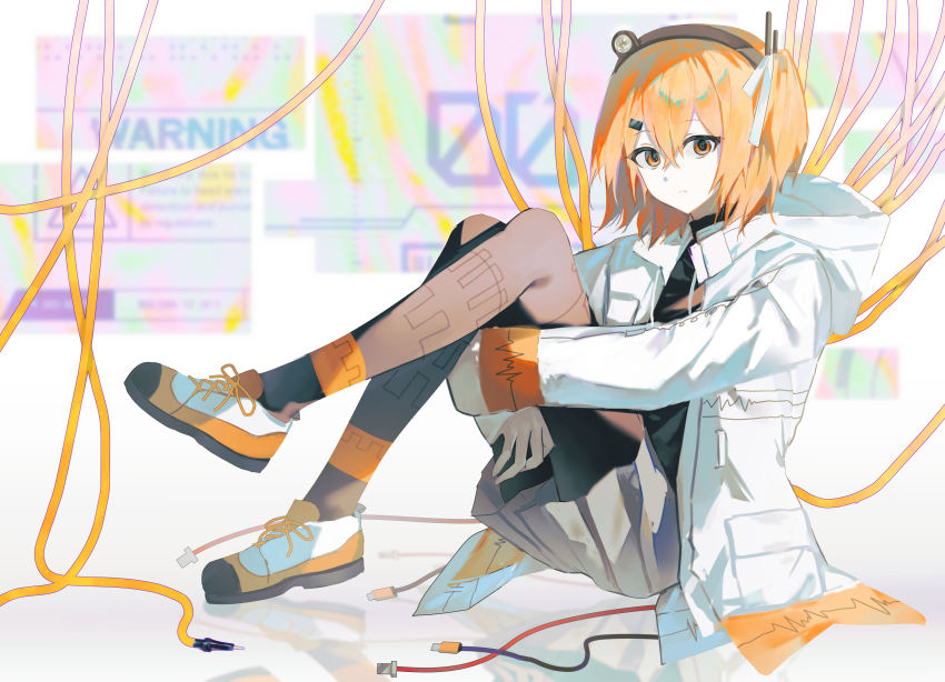 7731nm absurdres adachi_rei black_leggings black_shirt cable computer_chip grey_skirt hair_ornament hairclip hands_under_legs headlamp headset highres jacket leg_up leggings lens_eye looking_at_viewer one_side_up open_clothes open_jacket orange_eyes orange_hair radio_antenna ribbon shirt sitting skirt sound_wave utau white_jacket white_ribbon window_(computing)