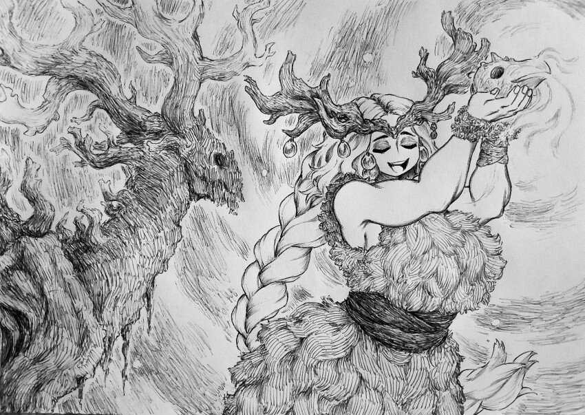 1girl :d absurdres ancestor_spirit_(elden_ring) ancestral_follower_shaman braid breasts chronozbergh closed_eyes commentary deer elden_ring graphite_(medium) greyscale highres holding holding_skull horns large_breasts long_hair monochrome muscular muscular_female open_mouth skull smile traditional_media