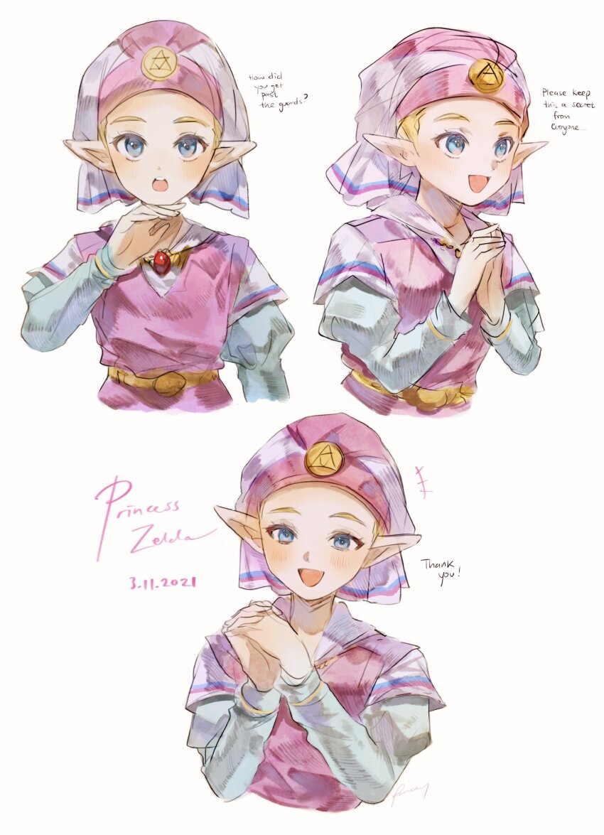 +++ 1girl :o absurdres aubz belt blonde_hair blue_eyes blue_sleeves blush brooch character_name commentary cropped_torso dated dress english_text hand_up highres jewelry konpeitopanic long_sleeves looking_at_viewer multiple_views nintendo open_mouth own_hands_together pink_dress pointy_ears princess_zelda puffy_long_sleeves puffy_sleeves simple_background smile teeth the_legend_of_zelda the_legend_of_zelda:_ocarina_of_time triforce two-tone_dress upper_teeth_only white_background white_dress white_headdress young_zelda