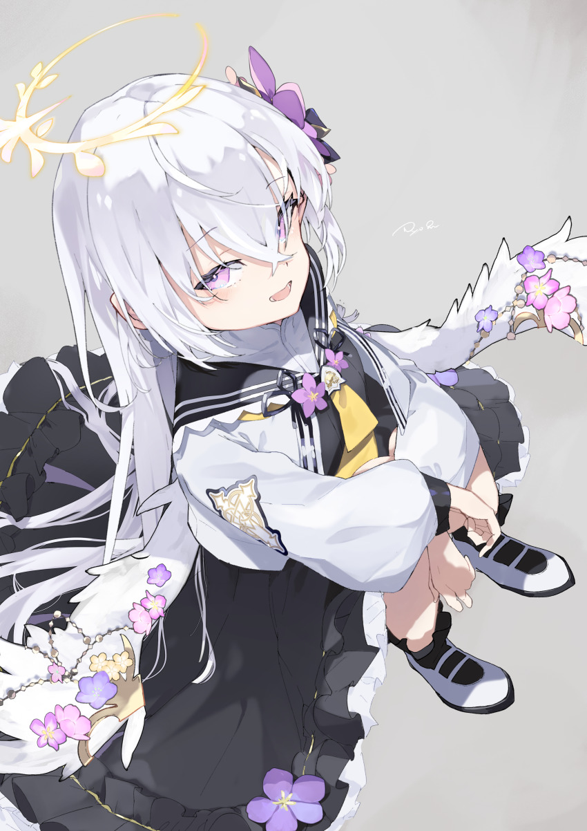 1girl absurdres angel_wings azusa_(blue_archive) black_sailor_collar black_skirt blue_archive crescent_halo feathered_wings flower frills hair_flower hair_ornament halo head_tilt highres long_hair long_sleeves low_wings make-up_work_club_(blue_archive) multicolored_shoes open_mouth purple_eyes purple_flower ryo_(ryo_skrdi) sailor_collar skirt solo white_hair white_wings wing_ornament wings yellow_halo