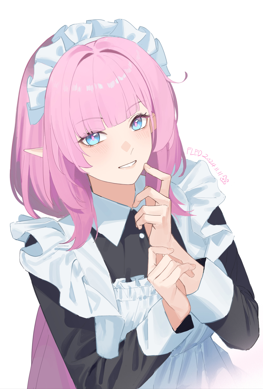 1girl alternate_costume apron artist_name blue_eyes chinese_commentary commentary_request dated elysia_(honkai_impact) enmaided fled hand_up highres honkai_(series) honkai_impact_3rd long_hair looking_at_viewer maid maid_headdress pink_hair pink_pupils pointy_ears sidelocks simple_background smile solo upper_body white_apron white_background