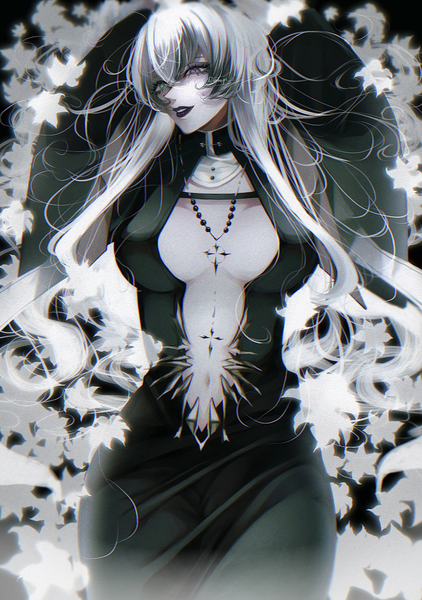 1girl absurdres black_dress black_eyeshadow black_hair black_lips blue_eyes breasts center_opening cowboy_shot dress eyeshadow flower hair_between_eyes heterochromia highres jewelry large_breasts lying makeup multicolored_hair nakai111 navel necklace oak_casket_(path_to_nowhere) on_back parted_lips path_to_nowhere purple_eyes solo streaked_hair white_flower white_hair
