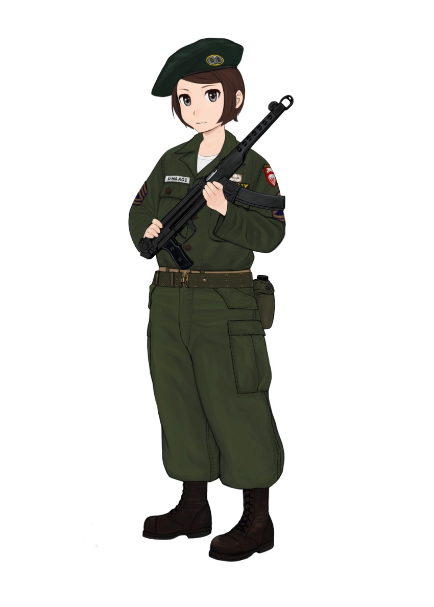 belt beret boots canteen gun hat highres komii military military_fatigues military_uniform paratrooper pps-43 simple_background solo submachine_gun united_states_army weapon