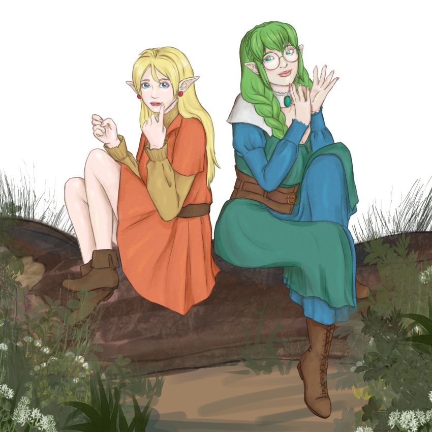 2girls belt blonde_hair blue_dress blue_eyes boots braid breasts brooch brown_belt commission commissioner_upload dress earrings elf euphemy_sylvaine flower forest full_body glasses green_dress green_eyes green_hair hair_over_shoulder highres jewelry large_breasts log long_hair long_sleeves lotte_farona multiple_girls nail_polish nature official_art orange_dress outdoors parent:11603197 pointy_ears round_eyewear shoes sitting smile soapwyrt transparent_background tree_stump twin_braids ways_of_darkness_(series)