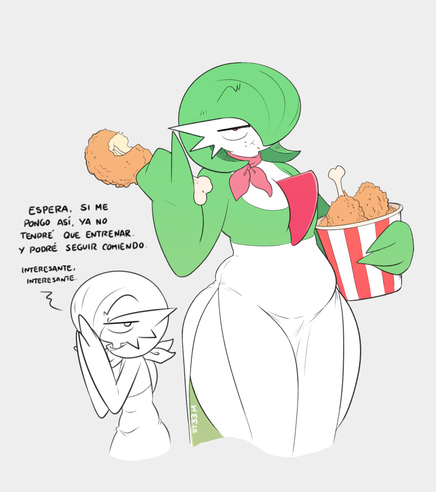 absurdres bob_cut bucket_of_chicken chicken_(food) chicken_leg dress eating food food_on_face gardevoir gen_3_pokemon green_hair grey_background hair_over_one_eye highres nintendo pink_eyes pink_scarf plump pokemon pokemon_(creature) scarf signature simple_background superiordutchsauce thick_thighs thighs translation_request weight_gain white_dress