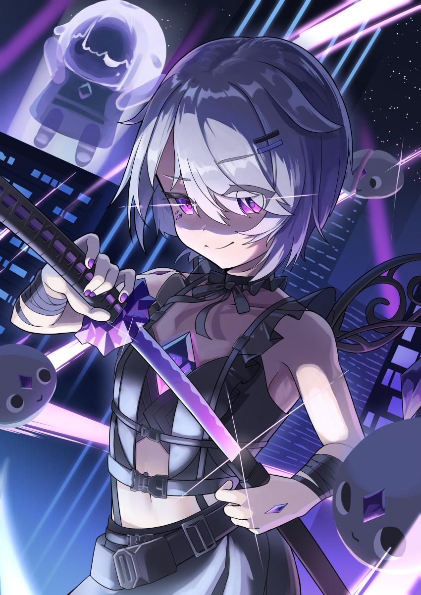 1girl absurdres black_ribbon black_shirt black_skirt city closed_mouth cracked_skin detached_collar grey_hair highres holding holding_sword holding_weapon hololive hololive_english jewel_under_eye katana koseki_bijou koseki_bijou_(casual) looking_at_viewer metal_wings navel night official_alternate_costume official_alternate_hairstyle outdoors pebble_(koseki_bijou) purple_eyes purple_nails ribbon sheath shirt skirt smile solo sword tomato_(sword) uminonin46978 unsheathing virtual_youtuber weapon